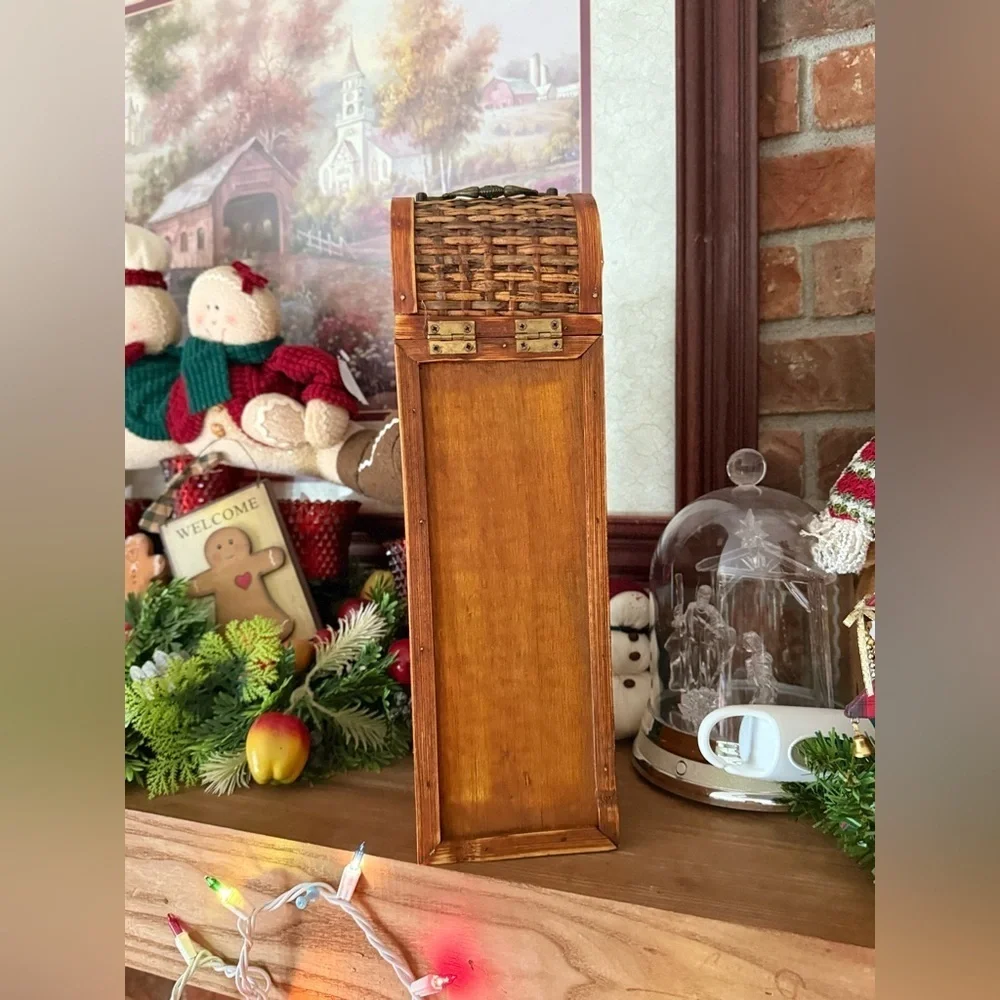 Vintage 1985 Woven Rattan Wooden Wine Box with Brass Handle and Clasp